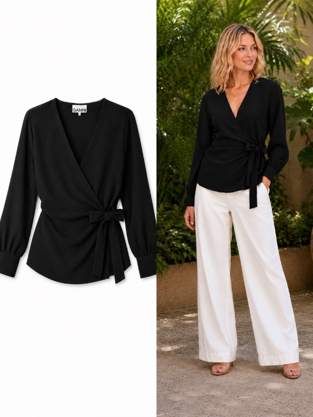 GANNI Black Crepe Wrap Blouse Long Sleeve Button Cuff Tie Waist IT 44 / US 8